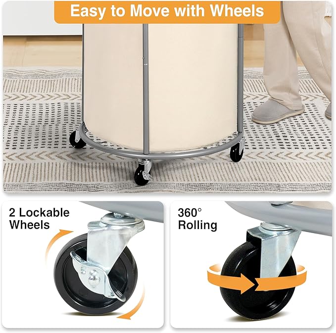 STO STO Rolling Laundry Hamper with Wheels – 185L (48 Gallon) Extra Large Industrial Clothes Laundry Basket with Removable Bag, Round Cart Sorter for Bedroom, Hotel, Beige & Brown
