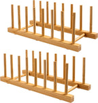 HBlife 2-Pack Bamboo Wooden Dish Rack Holder Space-Saving Vertical Organizer for Plates, Cups, Pots, Lids, Bowls & Cutting Boards Kitchen Cabinet & Counter Storage