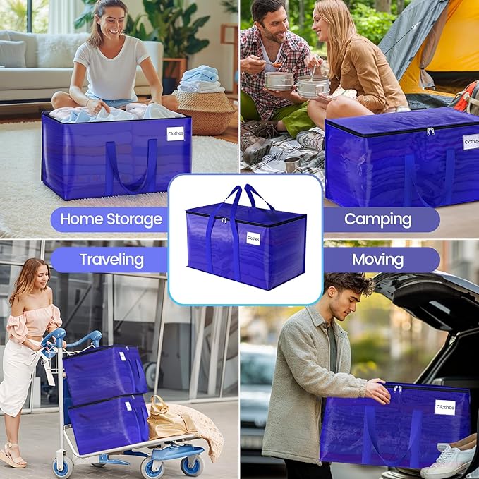 Moving Storage Bags, Moving Supplies Packing Boxes for Moving, Camping, College Dorm Room Essentials for Girls, Blue Tote Bags, Heavy-Duty Storage Bins With Lids And Zippers, 125L 6 Pack