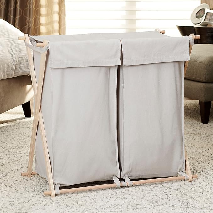 Household Essentials X-Frame Wood Laundry Sorter, Collapsible Wood Frame with Washable Gray Poly-Cotton Bags, Naturally Stylish Large