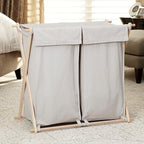 Household Essentials X-Frame Wood Laundry Sorter, Collapsible Wood Frame with Washable Gray Poly-Cotton Bags, Naturally Stylish Large