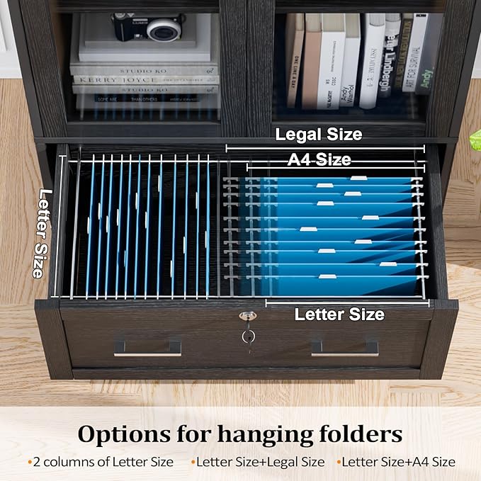 VINGLI Lateral File Cabinet with Glass Doors and Locking Drawer for Hanging File Folders, Bookshelf with Adjustable Shelves for Home Office (Black, 30''W x 16''D x 55''H)