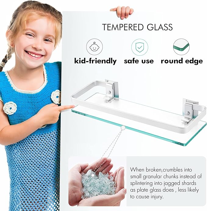 KES Bathroom Glass Shelf, Storage Shelf Wall Mounted Extra Thick Tempered Glass and Aluminum Silver Wall Mounted, A4126A