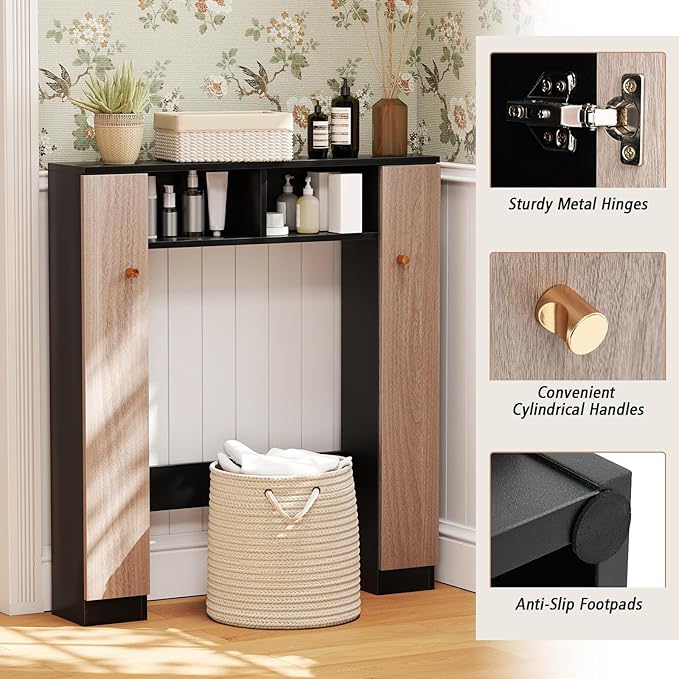 Tangkula Over The Toilet Storage Cabinet, Freestanding Above Toilet Organizer w/ 10-Level Adjustable Shelves & Crossbar, Anti-Tipping Device Included, Bathroom Space Saver (Modern, Black)