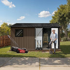12' x 10' XL Outdoor Storage Shed, Sturdy Metal Building w/Floor and Operable Window for Garden, Backyard, Poolside and Lawn, Brown