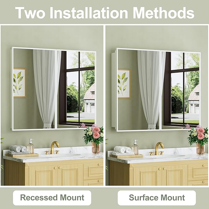 Buruis 36" x 30" Framed Medicine Cabinet with Mirror, Recessed or Wall Mounted Bathroom Cabinet, Adjustable Tempered Glass Shelves, Left/Right Open Reversible, No Assembly Required, White