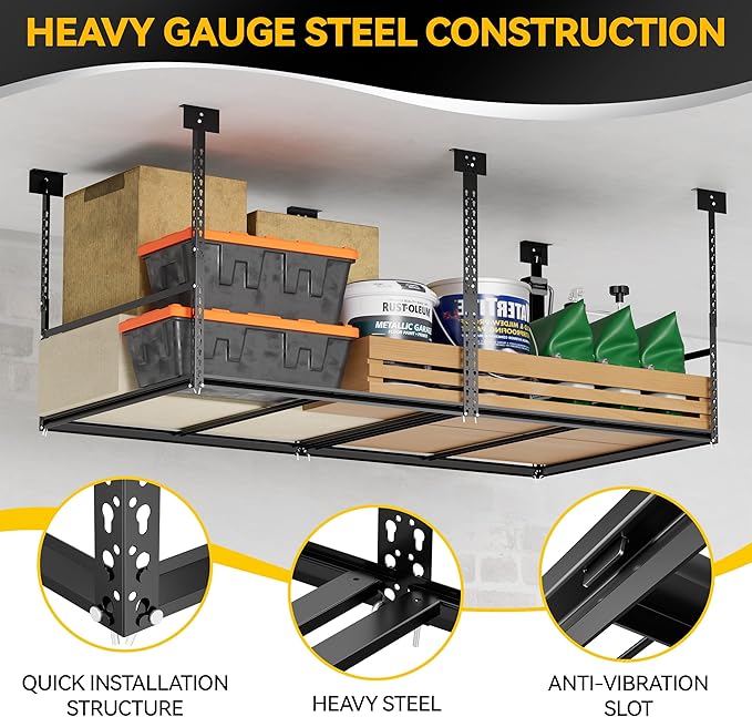 3x8 Ft Overhead Garage Storage Rack, 28-41 inch Height Adjustable Ceiling Mounted Organization Rack, 700 lbs Weight Capacity, 36"x96" Heavy Duty Space-Saving Metal Rack for Garage Storage