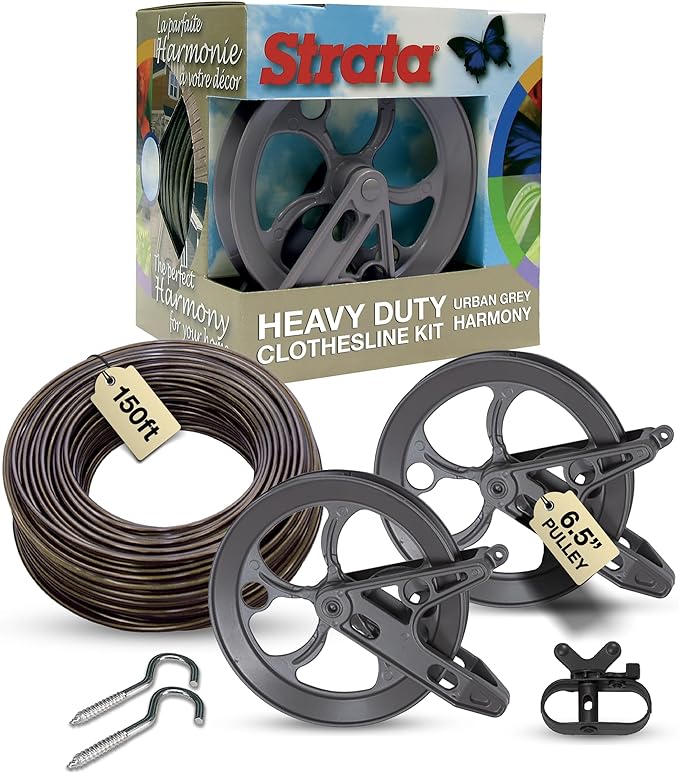 Strata Urban Grey Harmony Clothesline Outdoor Heavy Duty Kit - 150 Feet Galvanized Wire PVC Coating, 6.5" Clothes line Pulley 2pcs, Metal Mini Winch Tightener 1pc & 2 Metal Hooks