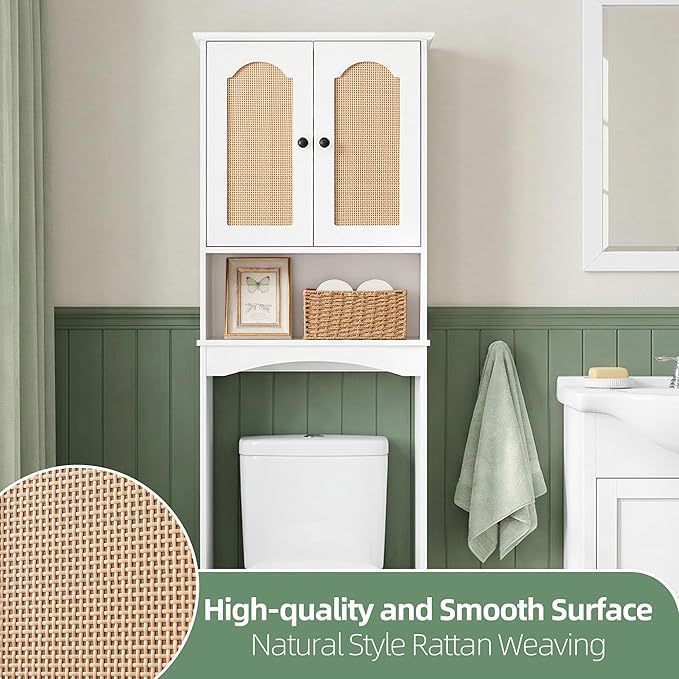 Over The Toilet Storage Cabinet, Above Toilet Organizer with 2 Rattan Doors, Modern White Finish, 24x70 inch Space Saving Freestanding Bathroom Cabinet