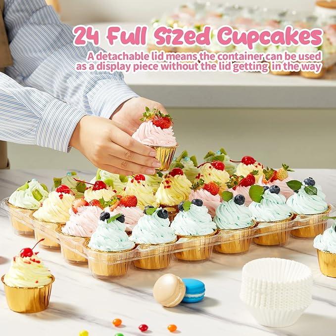 (24 Pack x 10 Sets) Stackable Cupcake Carrier Holders with 240 Pack Cupcake Liners, Plastic Cupcake Boxes Holders for 24 Cupcakes, High Tall Dome Lid Cupcake Containers, Clear Cupcake Trays