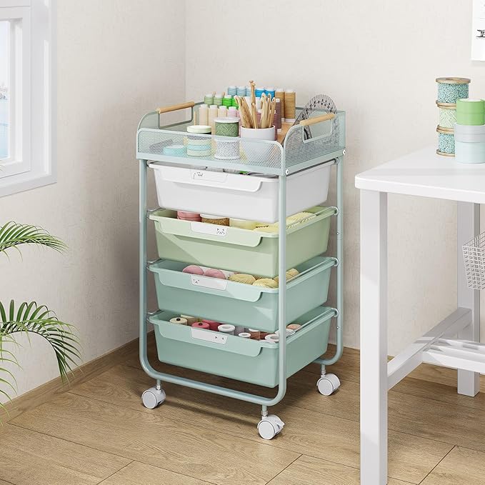Rolling Utility Storage Cart with 4 Drawers - 4 Tiers Rolling Cart Craft Cart, Storage Drawer Cart Organizer for Craft Room Office Bedroom Classroom with Mesh Top & 4 PCS DIY Lable, Green