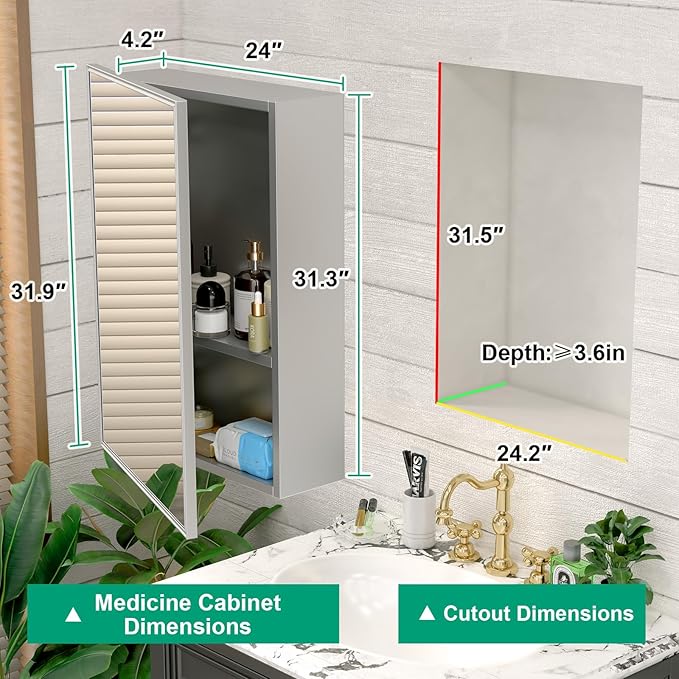 24 x 32 Farmhouse Medicine Cabinet for Bathroom, Silver Bathroom Mirror with Storage, Tempered Glass, Frameless Recessed or Wall Mount Aluminum Medicine Cabinet - Pre-Assembled