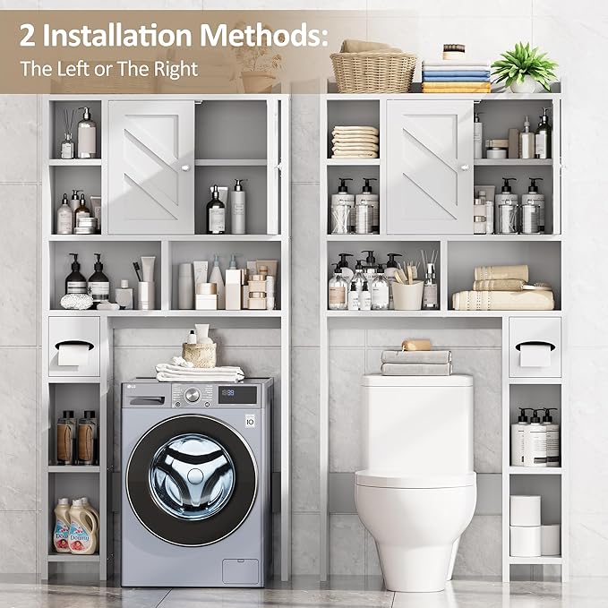 Meilocar Over the Toilet Storage Cabinet, Bathroom Over Toilet Storage Cabinet, Bathroom Storages Organizer Cabinets with Toilet Paper Holder and Adjustable Shelf, White