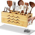 Kcrystenia Large Kitchen Utensil Holder for Countertop, 8 Adjustable Compartments Cooking Utensil Holder Organizer, Bamboo Silverware Caddy with Absorbing Stone Drying Mat for Spatula Spoon