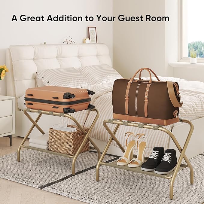 Luggage Rack for Guest Room, Folding Suitcase Stand with Shoe Shelf, Easy Assembly, Portable, Hold up to 110 lb, Gold, 1 Pack