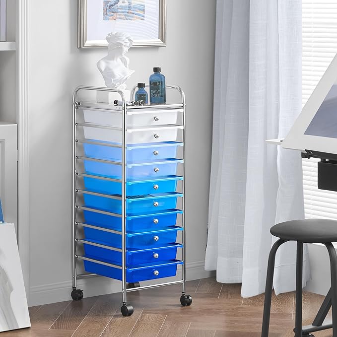 Yaheetech Rolling Cart Organizer Plastic Trolley with 10 Storage Drawers Utility Cart on Wheels Art Craft Organizer Ample Storage Space, Blue Gradient