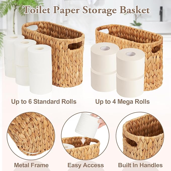 Wicker Toilet Paper Holder Stand, 6 Rolls Wicker Toilet Paper Storage Basket for Bathroom, Natural Water Hyacinth Storage Baskets with Handles