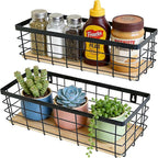 Metal Wire Basket Detachable Wood Base Storage Organizer Farmhouse Hanging Basket for Kitchen Cabinets, Bathroom, Pantry, Laundry Room Set of 2,Black Color