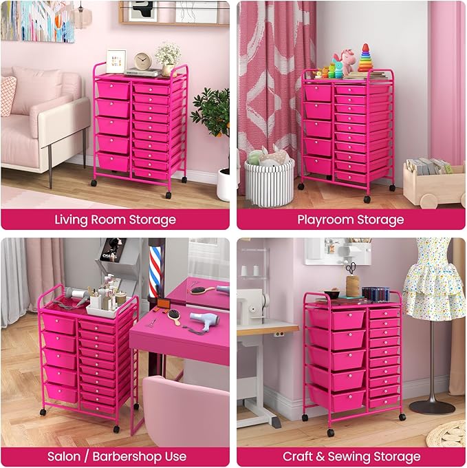 LUARANE Rolling Cart with 15 Drawers, Craft Storage Cart with Portable Handles & Lockable Wheels, Mobile Toys Organizer, Large Capacity Utility Drawer Cart Home Office School Teacher (Hot Pink)
