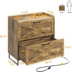 File Cabinet 2 Drawers Lateral File Cabinet with Charging Station for Letter/Legal/A4 Size Hanging Files, Large Wood File Storage Cabinets Printer Stand for Home Office, Brown