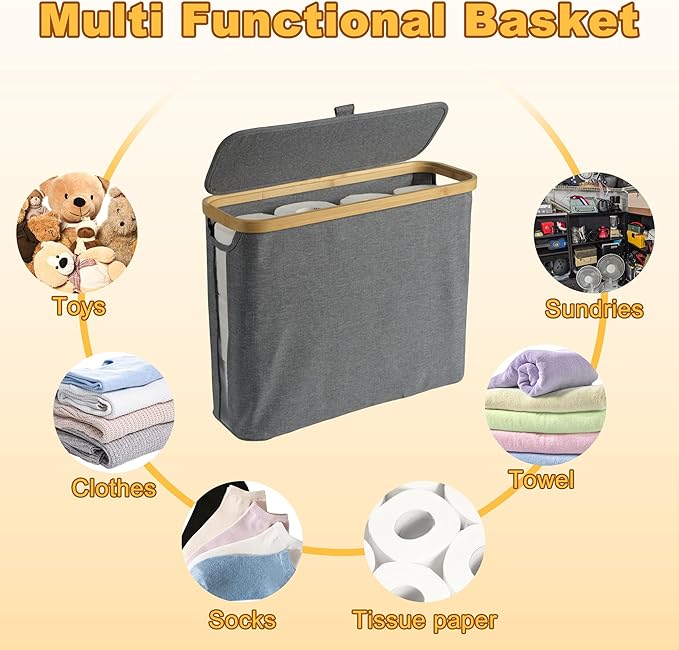 Grey Toilet Paper Storage Basket with Lid for 12 Roll, Standing Sturdy and Foldable Toilet Tissue Holder for Bathroom, Spacious Toilet Paper Storage for Papers, Sundries, Toys