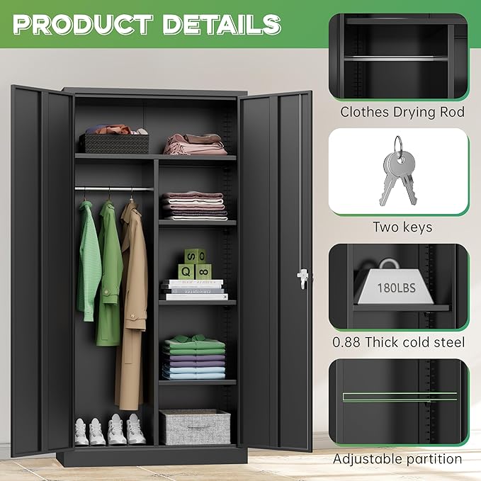 INTERGREAT Metal Wardrobe Closet, 72" Black Locking Storage Wardrobe Cabinet with Locking Doors and Adjustable Shelves, 18" D x 36" W Tall Steel Clothes Storage for Office, Home, School, Gym