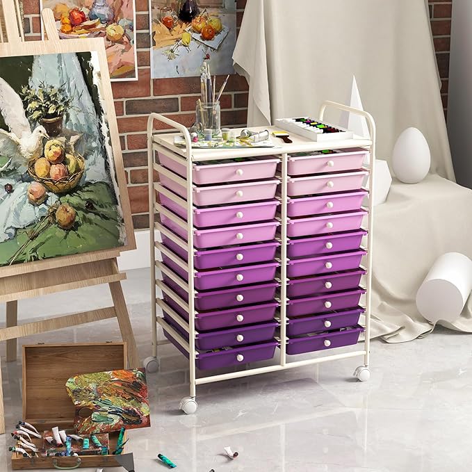 GOFLAME 20-Drawer Rolling Storage Cart, Multifunctional Art Craft Organizer Cart, Mobile Utility Storage Cart with Removable Drawers & Lockable Wheels, Craft Cart for Home Office, Purple Gradient