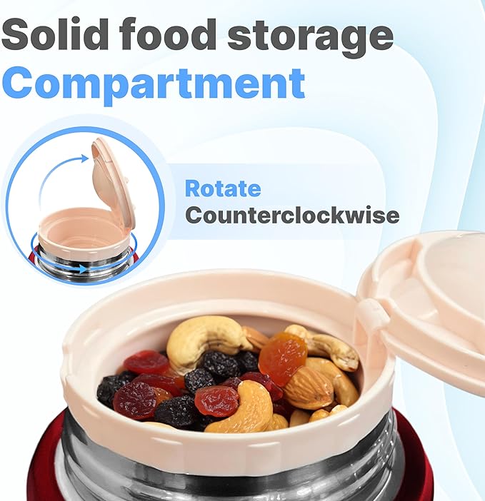 Earth&ME Stainless Steel Thermo For Hot Food 17OZ with Folding Spoon, Vacuum Insulated Food Container, Soup Thermo with Wide Mouth, Insulated Food Jar for Hot & Cold Food, Red