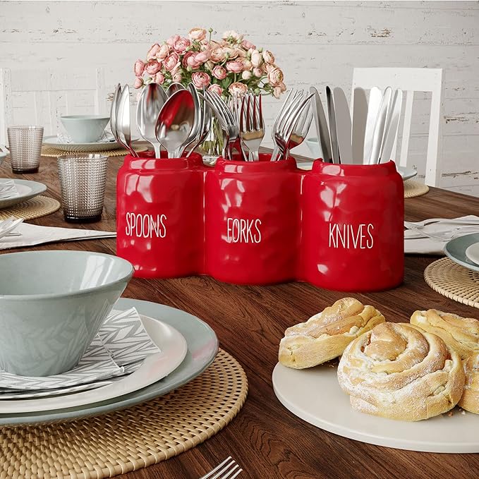 Barnyard Designs Silverware Caddy for Countertop - Cutlery Organizer for Spoon, Fork, and Knife - Ceramic Utensil Holder for Flatware or Plasticware - Perfect for Parties - 12.5” x 4.25” x 5” (Red)