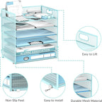 Daltack 6 Tier Paper Organizer for Desk, Paper Letter Tray Organizer for Desks, Mesh Desk File Organizers with Handle for Office, Home, School, Blue, 2 Pack