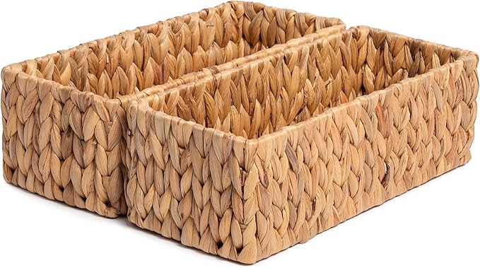 JS HANGER Paper Storage Basket, Metal Frame, Set of 2, 14.9"L x 6.3"W x 4.7"H, Wicker Basket for Pantry, Toilet, Bathroom, Bedroom, Patio Storage Baskets for Shelves