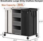 WOWLIVE Laundry Sorter 2 Section 200L Rolling Laundry Hamper with Hanging and Removable Bags Laundry Cart with Steel Frame and Storage Unit Large Basket Organizer for Dorm, Bathroom (Beige and Black)