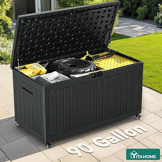 YITAHOME 90 Gallon Outdoor Storage Box with 6 Wheels, Large Double-Wall Resin Deck Box, Lockable Waterproof Outside Storage for Patio Furniture, Cushion, Pool Float, Garden Tool, Black