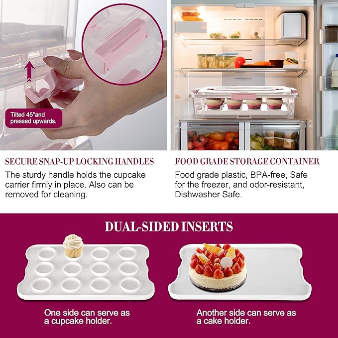 ARC 3-tiers Cupcake Carrier (Pink) - Cupcake Holder and Cake Transport Container that Holds up to 36 Cupcakes or 3 Large Cakes - BPA-Free, Great for Parties & Festivals