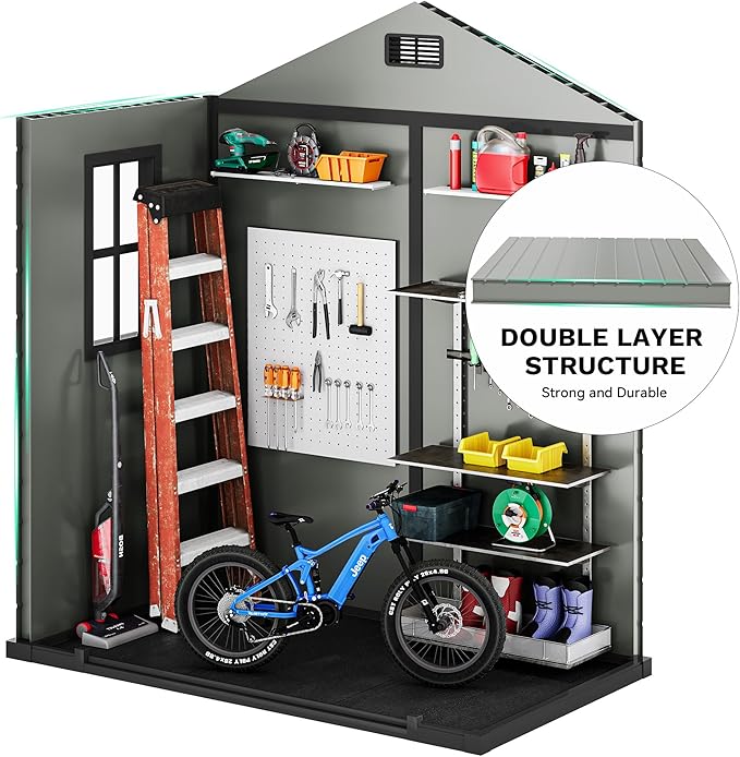 DWVO 6x4 FT Outdoor Resin Storage Shed with Floor, Waterproof Storage Shed with Lockable Door, Window and Vent, Plastic Tool Storage for Garden, Backyard, Patio, Lawn(Blue-Gray+Black)
