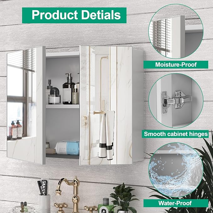 32 x 24 Farmhouse Medicine Cabinet, Tempered Frameless Bathroom Mirror with Storage, Silver Recessed or Surface Mount Aluminum Medicine Cabinet for Bathroom Modern