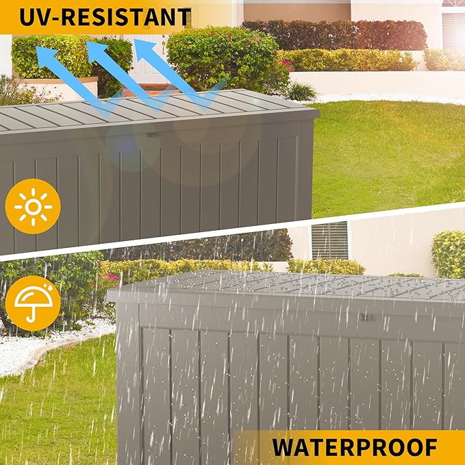 105 Gallon Resin Deck Box, Waterproof Outdoor Storage Bin for Patio Furniture, Pool Accessories, and Garden Tools, Lockable & UV-Resistant, Grey