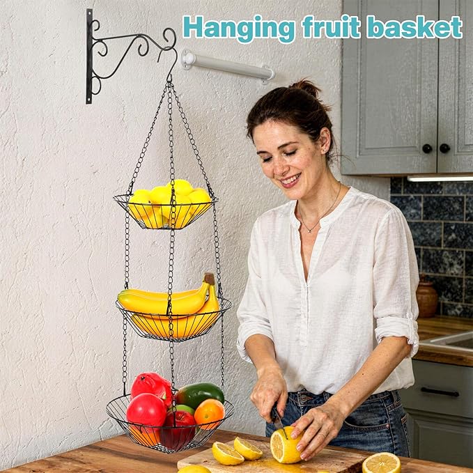 3 Tier Hanging Fruit Basket with Banana Hook, 34-Inch Heavy-Duty Wire Hanging Basket, Wire Vegetable Produce Organizer with Installation Bracket for Kitchen Storage Potato Vegetable
