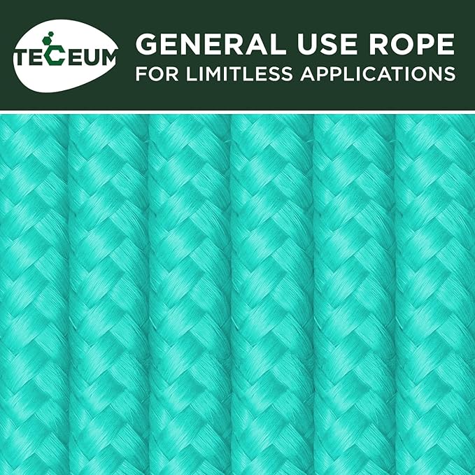 TECEUM Rope – 150 Feet x 1/4 Inch (7mm) – Green Wave – Strong All-Purpose Utility Rope – Camping, Crafting, Flag Pole, Indoor & Outdoor – Polypropylene Nylon Poly Lightweight Diamond Braided Cord