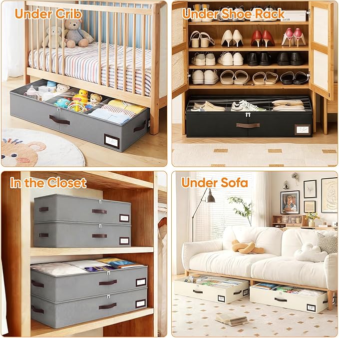 OIAHOMY 2 Pack Under Bed Storage, 6 Inch High Under Bed Storage Containers with Adjustable Dividers, Dual Zippers, &Clear Lid, 38L Under Bed Drawers For Clothes, Blankets, Clothing, & Shoes, Grey