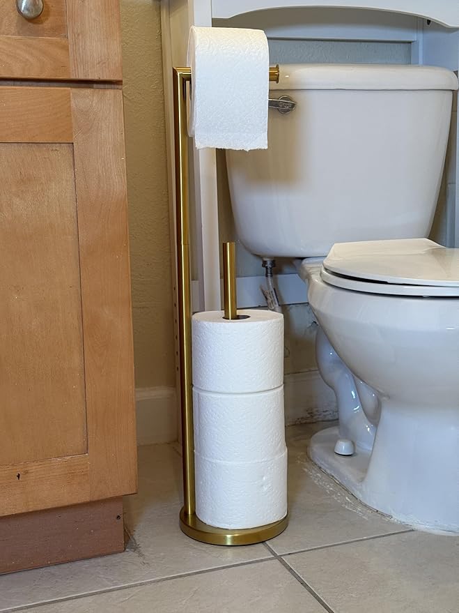 Toilet Paper Holder - Free Standing Gold Toilet Paper Roll Holder with Weighted Base - Stainless Steel Bathroom Tissue Paper