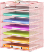 Lavatino 8-Tier Letter Tray Desk Paper Organizer, Mesh File Sorter Tray Organizer for Desk Office Supplies & Home Organization, Fits A4 Paper, Mail, Magazines and Office Accessories (Pink with Handle)