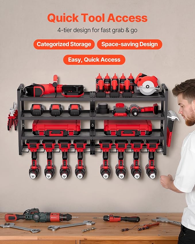 VEVOR Power Tool Organizer Wall Mount, 4-Layer Storage Rack with 8 Drill Holders, Tools Holder and Storage Rack with Screwdriver Holder, Garage Tool Organizer for Garage, Workbench, and Workshop