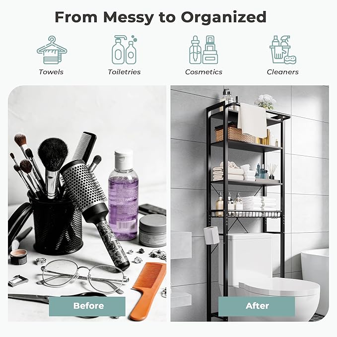 Over-The-Toilet Storage Shelf, 4-Tier Bathroom Organizer Shelf, Freestanding Space Saver Shelves Over Toilet with Adjustable Shelf for Bathroom, Black
