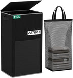 110L Laundry Hamper with Lid with Washing Bag & Front Mesh Bag, Large & Tall Laundry Basket, Collapsible Dirty Clothes Hampers for Bedroom Aesthetic, Bathroom, Dorm, Laundry Room - Easy Carry, Black