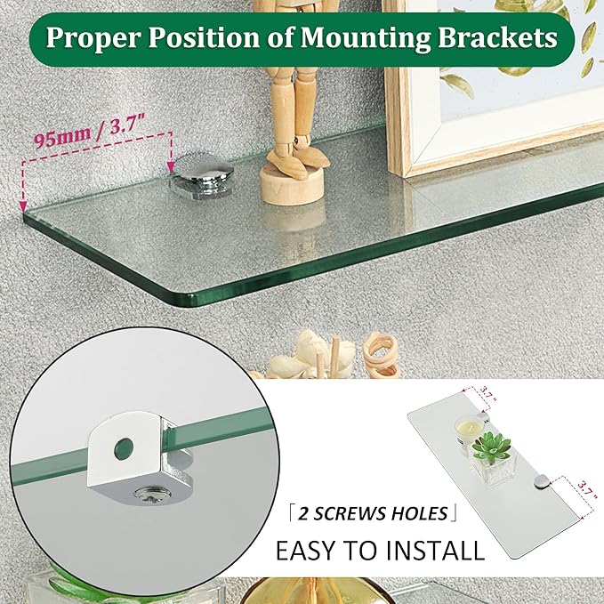 SAYAYO Floating Glass Shelves for Bathroom, 15 x 5 Inch Chrome Tempered Glass Shelf for Wall 1 Pack, Clear
