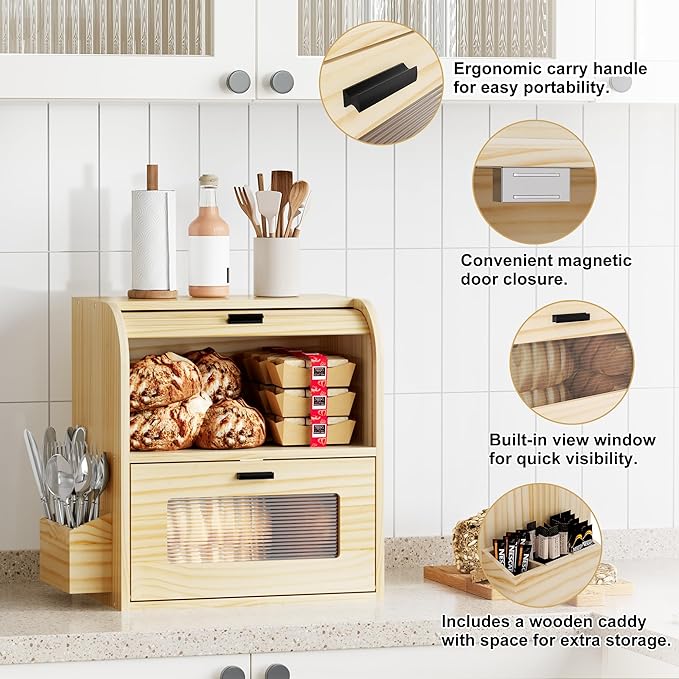 TQVAI Roll Top Bread Box for Kitchen Countertop, Keep Fresh Longer, Easy to Maintenance, Double Layer Vintage Wooden Breadbox with Window for Homemade Bread, Sandwich Loaves, Baked Goods (Wood Color)