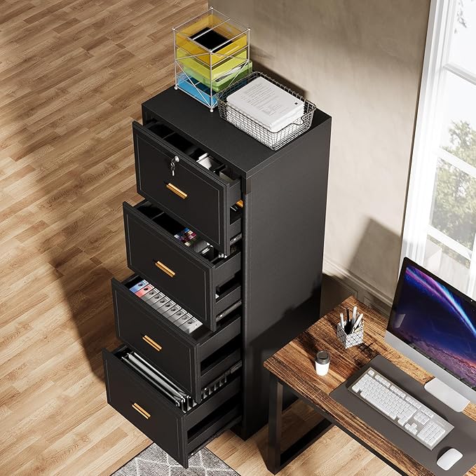 Tribesigns 4-Drawer File Cabinet with Lock, Locked File Cabinet with Key, Tall Wooden Filing Cabinets for Home Office, Vertical Office Storage for Legal Size/Letter/A4/Files, Black (2 Pieces)
