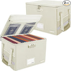 ENGPOW File Box with Lock,Fireproof Document Box with Zipper Lid,Collapsible File Storage Organizer Filing Cabinet with Handles,Portable Home Office Safe for Hanging Letter/Legal Folders,Beige,2 Pack