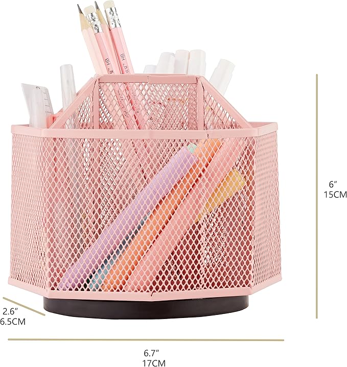 Annova Mesh Desk Organizer Rotate with 5 Compartments Spinning Tidy Candy/Pen Holder Office, Art Supply, Storage, Classroom, Home (Light Pink)
